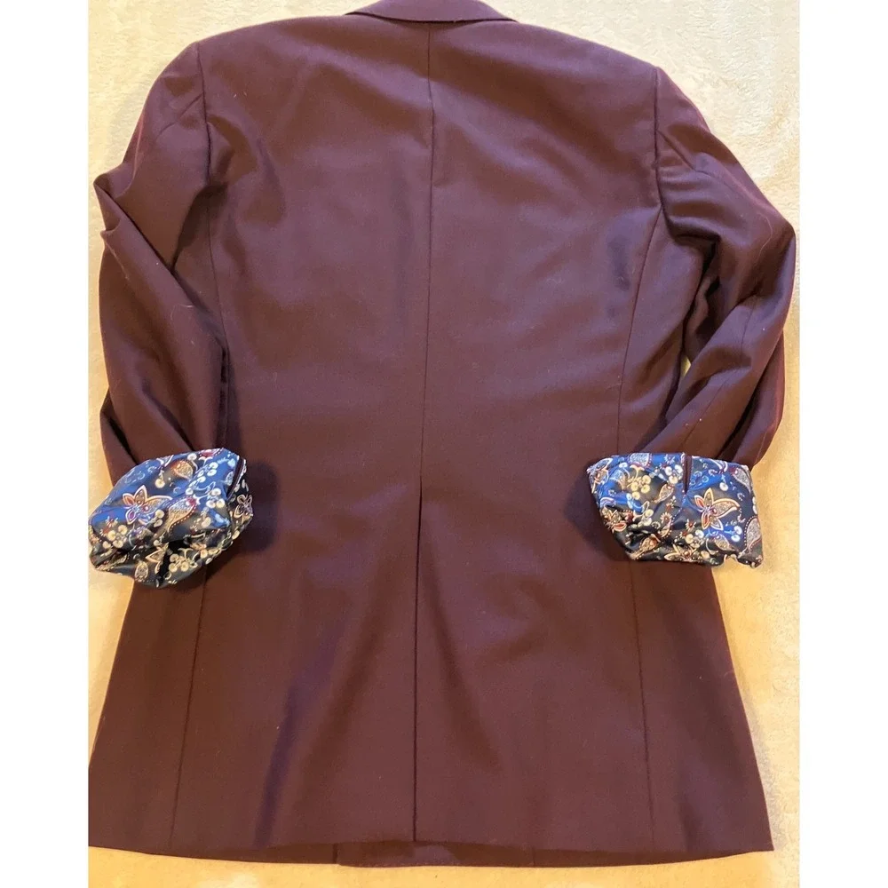 Indochino Double Breasted Blazer Mens 38 Burgundy Paisley Lining Peak Lapel